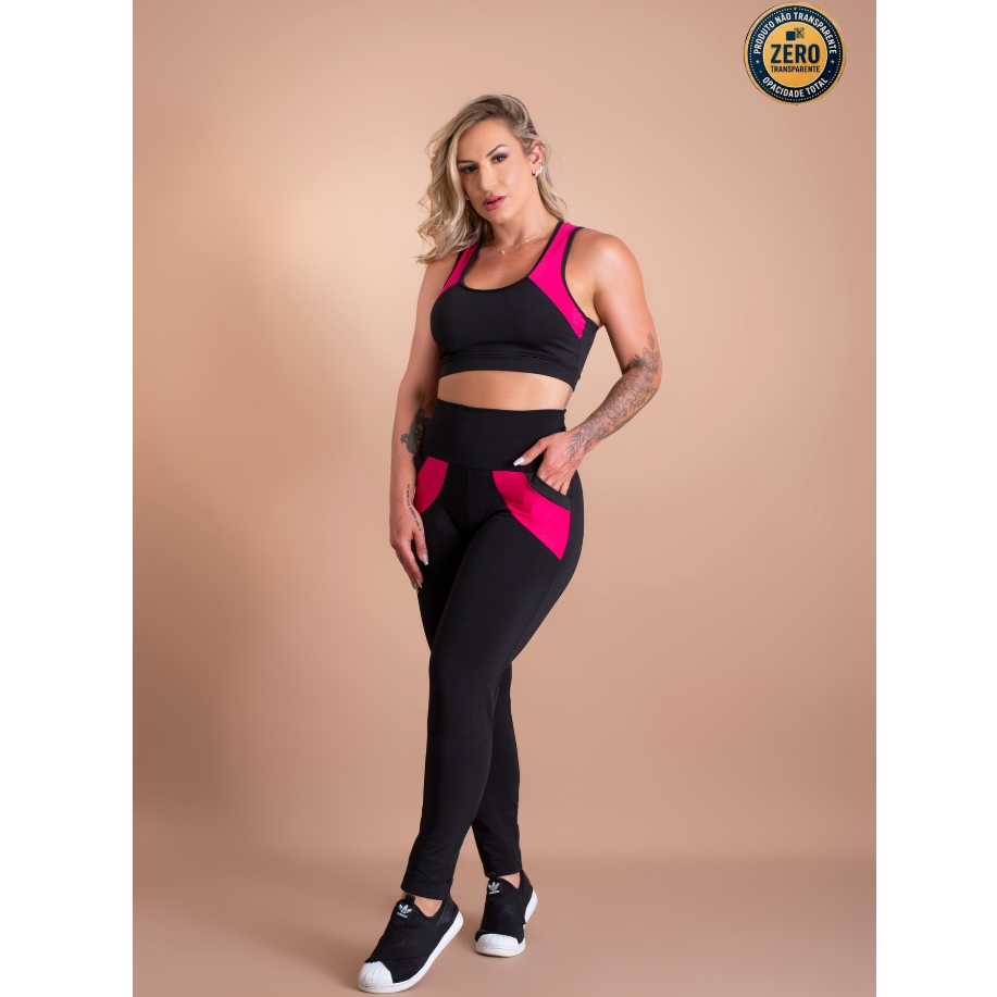 Conjunto Fitness Feminino Calça Legging Cintura Alta Bolso E Top Sustentação Decote Costas Academia ZERO TRANSPARÊNCIA