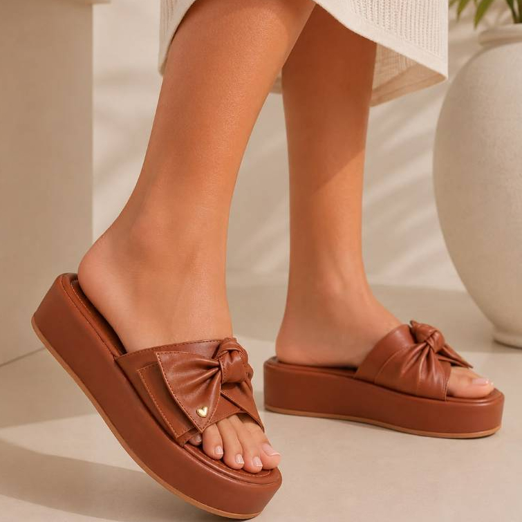 sandalia feminina flatform plataforma laço com pingente de coração confortável casual Lancellotti