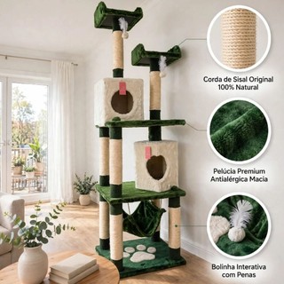 Arranhador Gigante 1,96m para Gatos com 2 Tocas, Rede e Sisal | Torre Casinha Petgrall