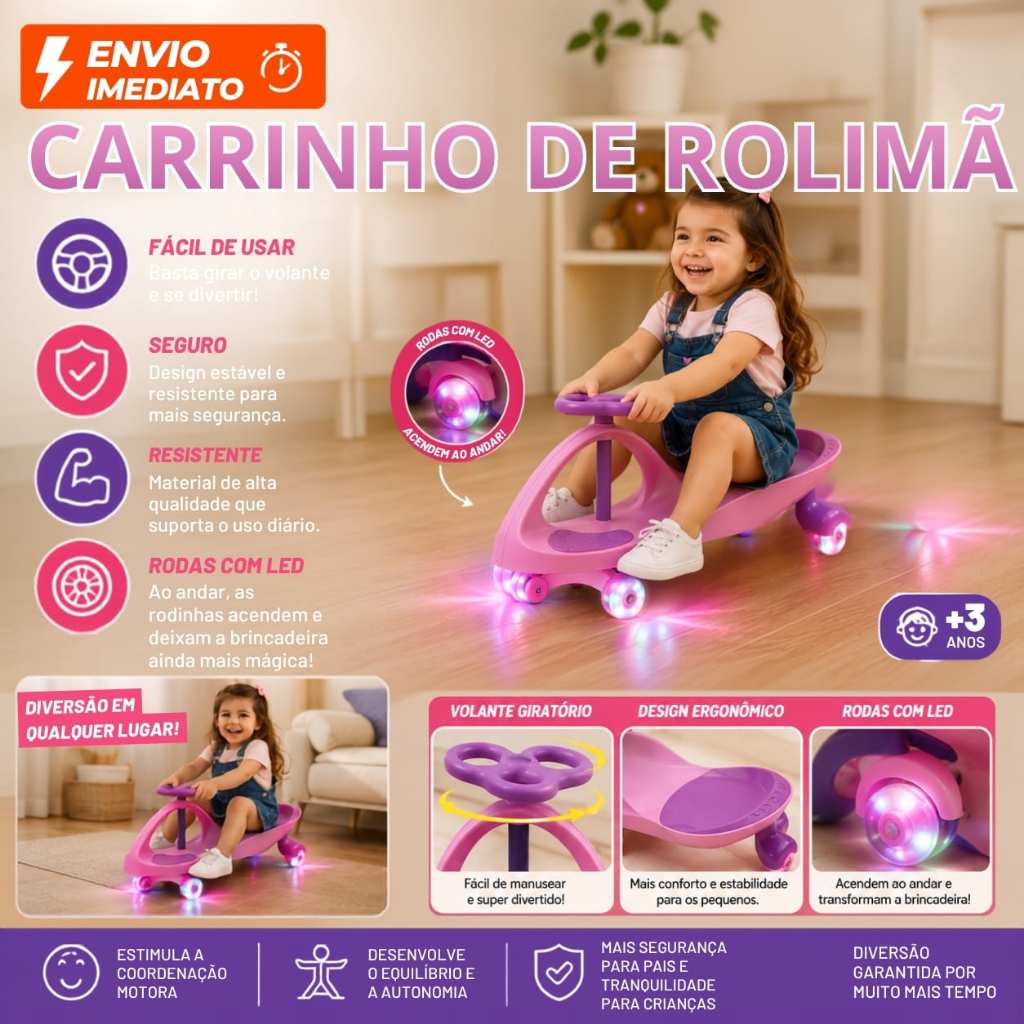 Carrinho de Rolimã Infantil Rosa Gira Gira Car com Volante 360º Graus Rosa com Roxo Material Premium