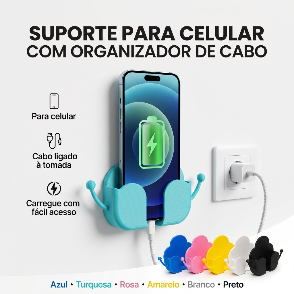 Suporte de Parede para Celular Porta Smartphone Organizador de Cabo Carregador Próximo Tomada Quarto Cozinha Escritorio