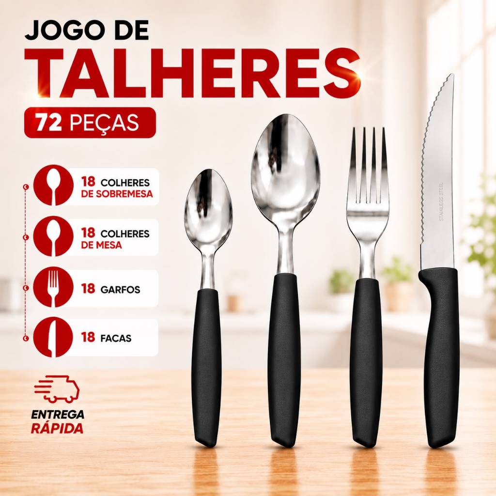 Kit 24/48/72 Talheres Preto ou Vermelho Inox Premium Cabo Plastico Faca Garfo Colher Colher Sobremes