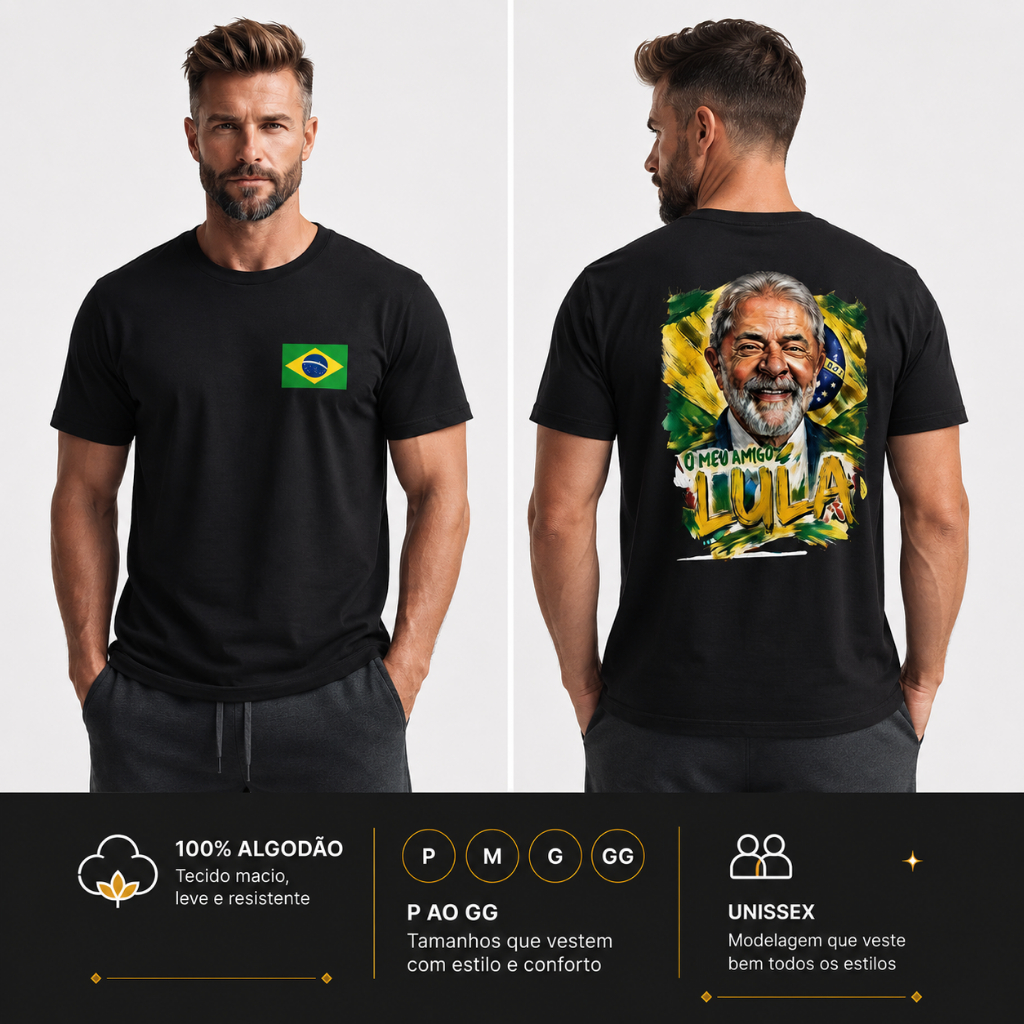 Camiseta masculino e feminina Lula O Meu Amigo  Unissex Estampa Costas Bandeira do Brasil Camisa Casual