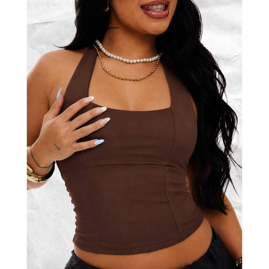 Blusa TOP HALTER Modinha Gringa Cropped Costa Nua Frente Unica Blusinha Suplex do 36 ao 52 Basica
