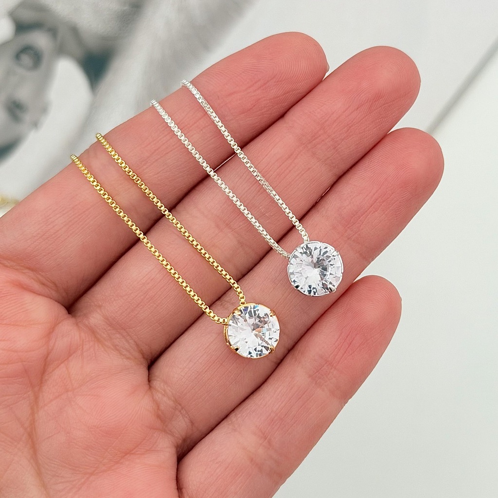 Colar Ponto de Luz Zircônia Ouro 18K ou Prata 925 Corrente Veneziana Feminino Delicado Brilho Elegante