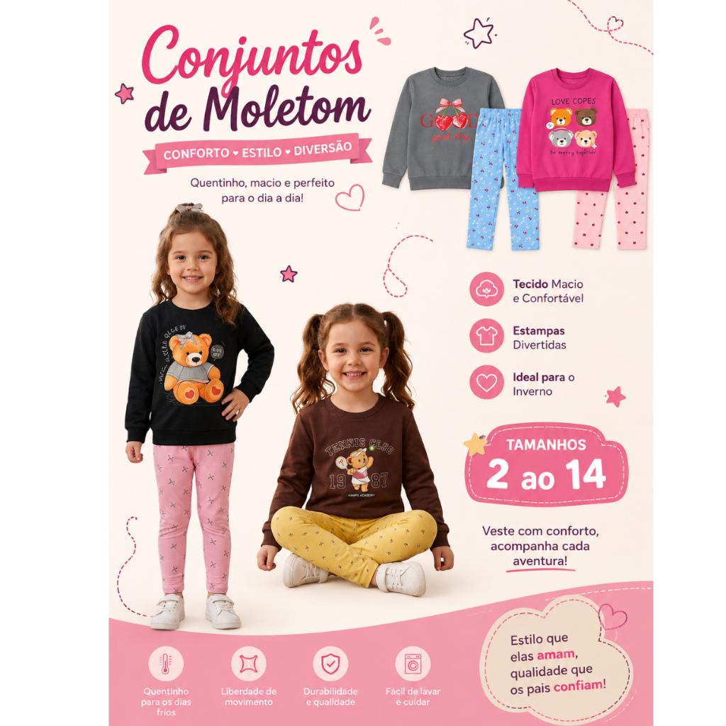 Kit com 2 Conjuntos Infantil e Juvenil Moleton Feminino Inverno estampas sortidas Com Legging