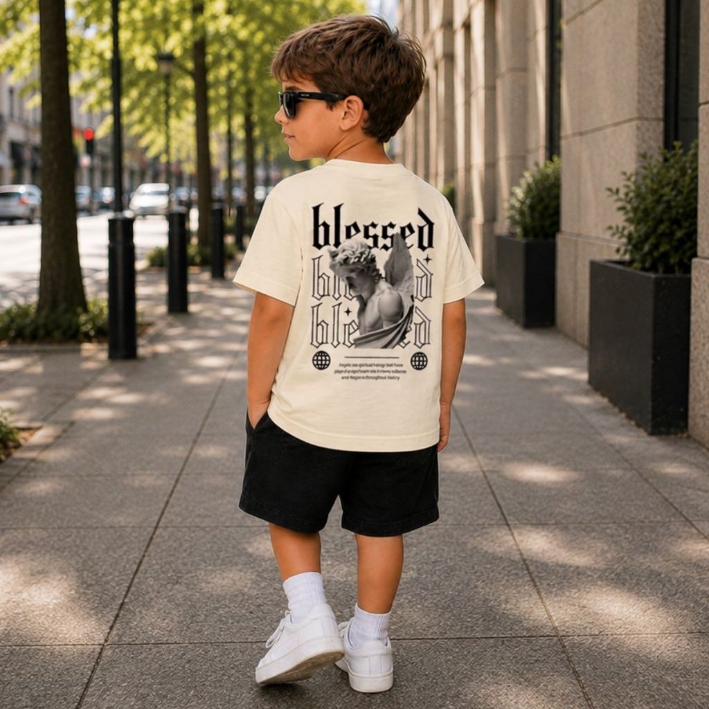 Camiseta Masculina Infantil Estampada Modinha Streetwear Blessed 100% Algodão Oversized Angel Kids