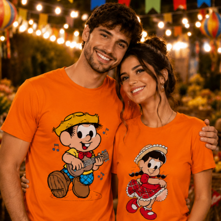 Kit Casal Camisa Conjunto Chico Bento Rosinha Festa Junina Caipira Tendência 100% Algodão