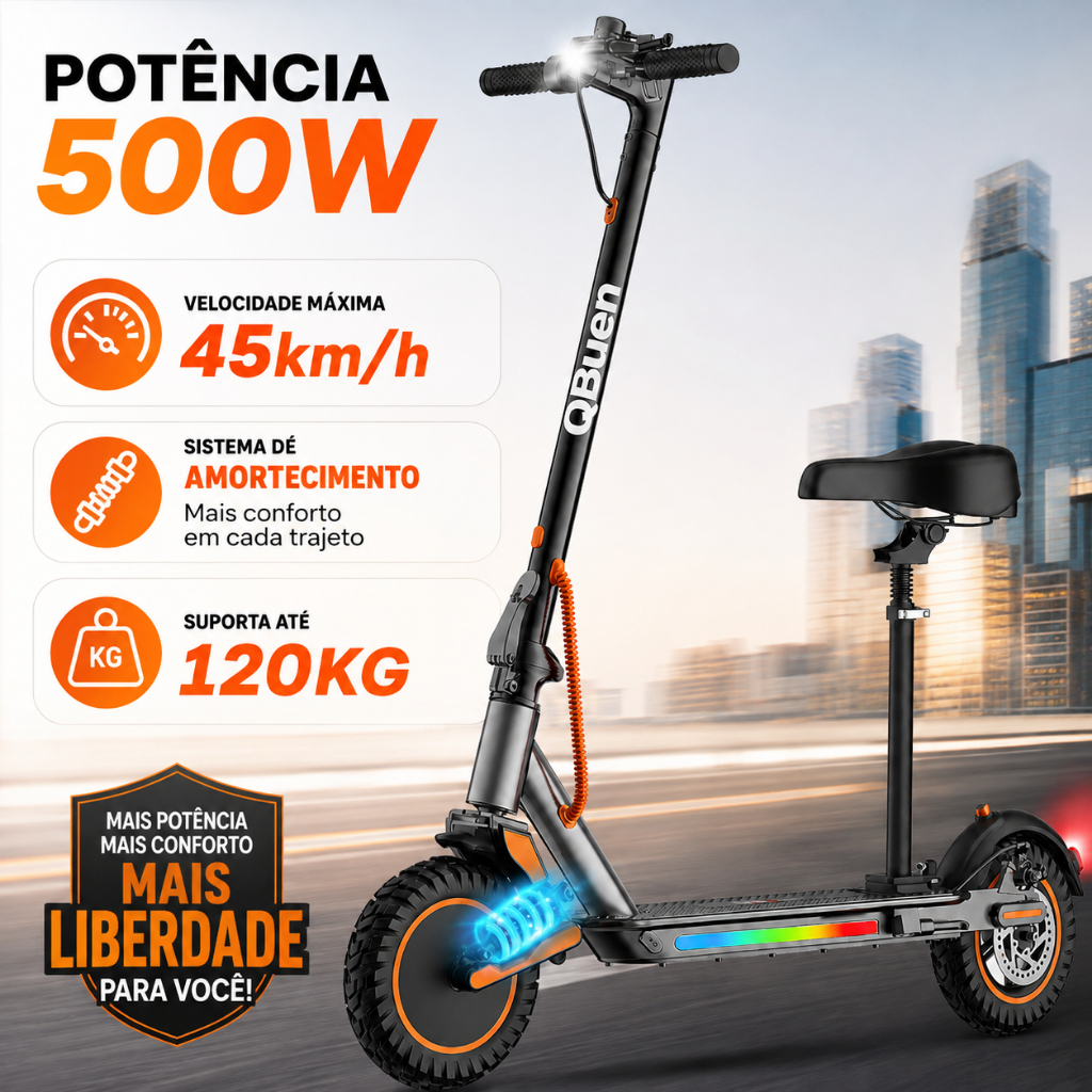 Patinete Elétrico 500W com Assento Ajustável e App Bluetooth | 40km/h, Seta, Suspensão, 10Ah 25km, Dobrável 120kg