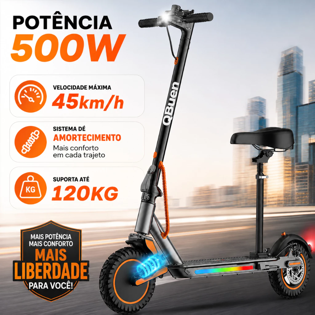 Patinete Elétrico 500W com Assento Ajustável e App Bluetooth | 40km/h,  Suspensão, 10Ah 25km, Dobrável 120kg — imagem 1