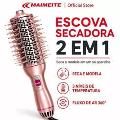 MAIMEITE Escova Secadora 2 em 1 Bivolt 110V-220V 3 Temperaturas Íons Negativos Seca e Modela