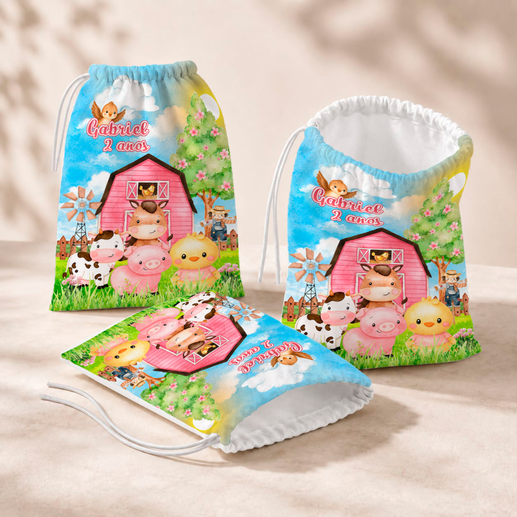 20 Sacolinhas Personalizada Festa Infantil 18x26 Aniversário Lembrancinha Fazendinha Aquarela Rosa