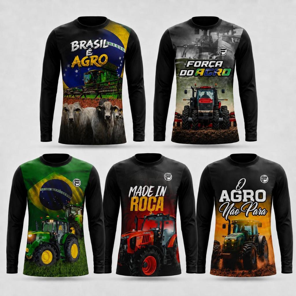 Kit 5 Camisa Agro Masculina  Manga Longa Trator Proteção Solar Brasil Camiseta Blusa Fazenda Bruto
