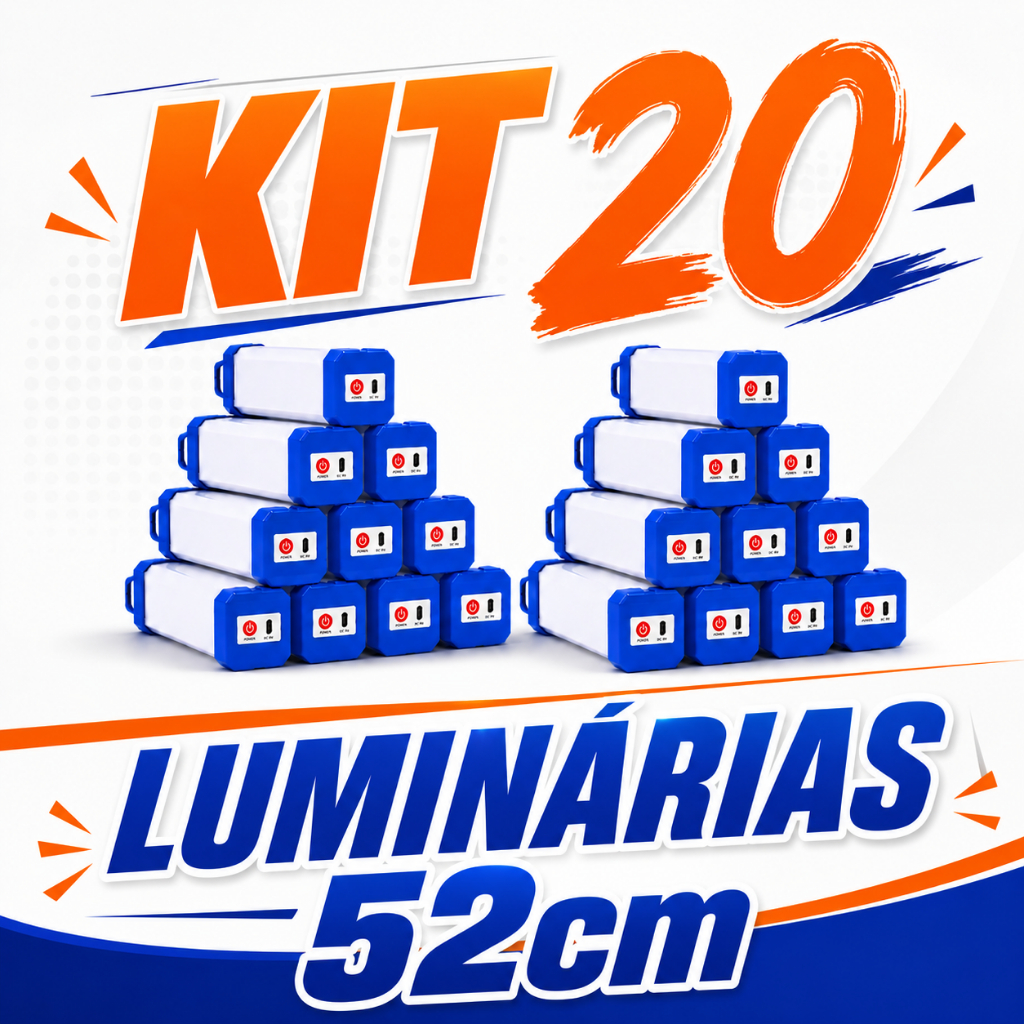 Kit 20 Luminárias de Emergência LED 60W USB Recarregáveis Magnéticas 52cm para Garagem e Oficinas em Aventuras e Trilhas