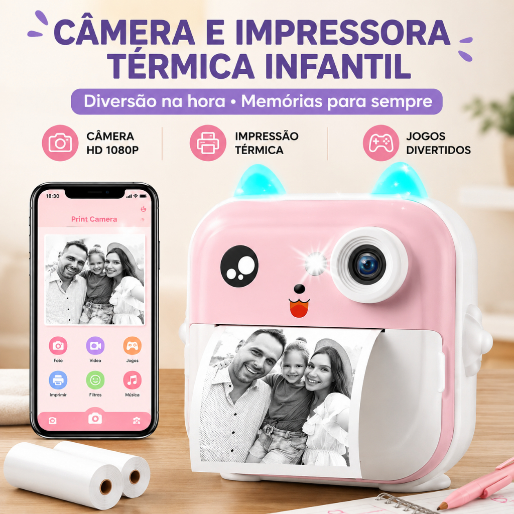 Câmera Infantil com Impressão Instantânea Foto e Vídeo Mini Impressora Térmica Presente para Crianças