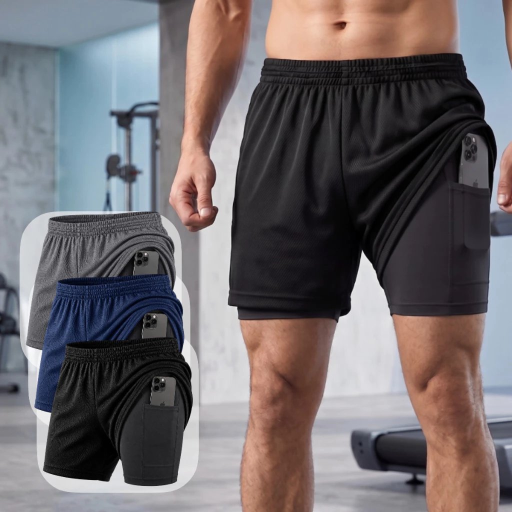 Kit 3 Shorts 2 Em 1 Masculino Dry Fit Academia Corrida Conforto