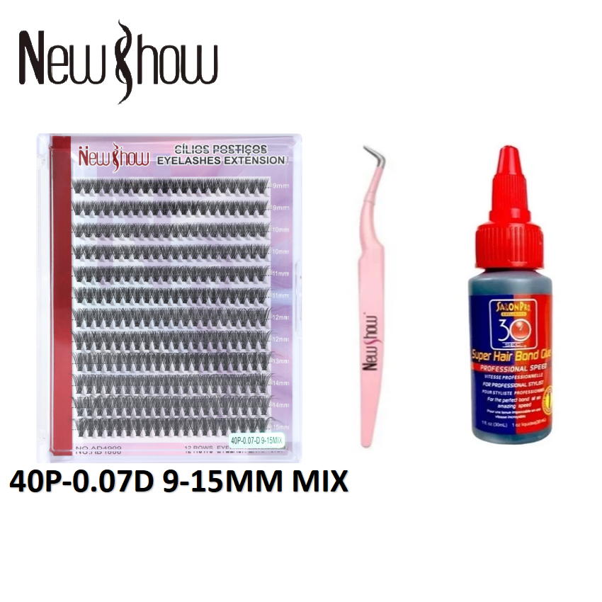 New Show Cílios Postiços Tufo 40P/SR071/SH119 Curl Mix 9-15mm+1 Super Cola 30ml Salon Pro+1 Pinça