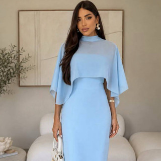 Vestido Longo Elegante Feminino Com Capa Sobreposição Festas Casamento Madrinha Eventos Modesta ES-VES- 120