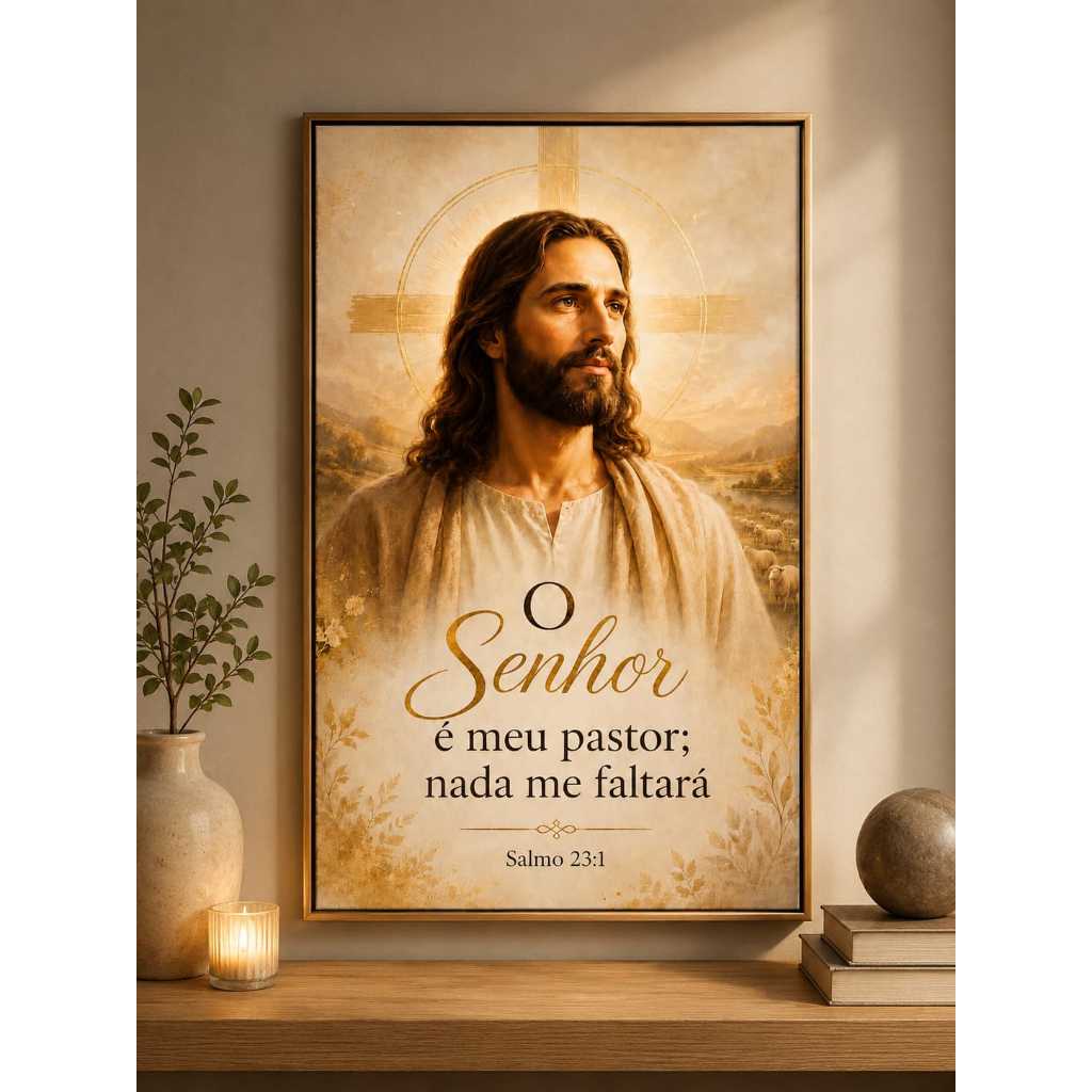 Quadro Jesus Cristo Salmo 23 religioso cristão decoração sala parede igreja fé presente evangélico católico dourado
