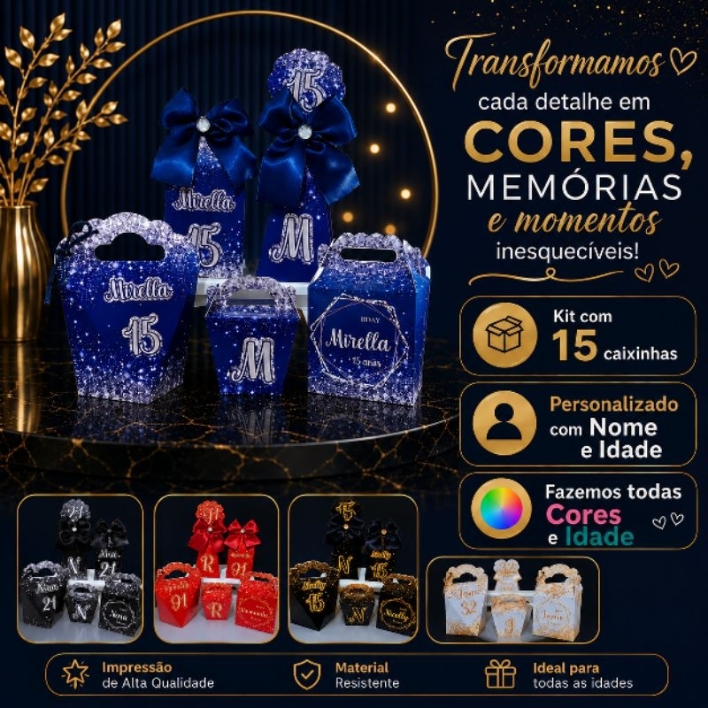 Kit 15 Caixinhas15 anos, Preto/Azul.Lembrancinha Personalizada Aniversário(FAZEMOS TDS CORES/IDADES)