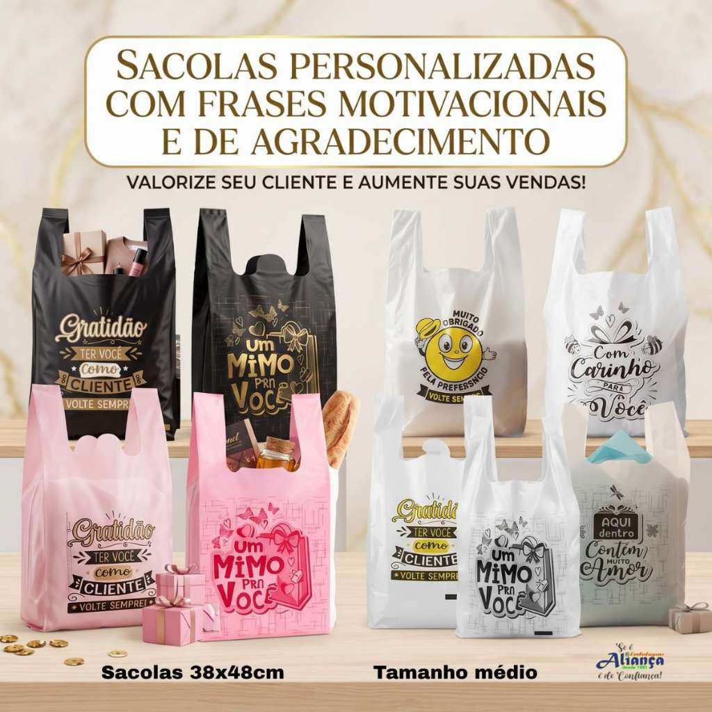 Sacola Plástica Alça Camiseta 38x48cm Gratidão Cliente Reforçada Mercado Loja Supermercado Embalagem Resistente