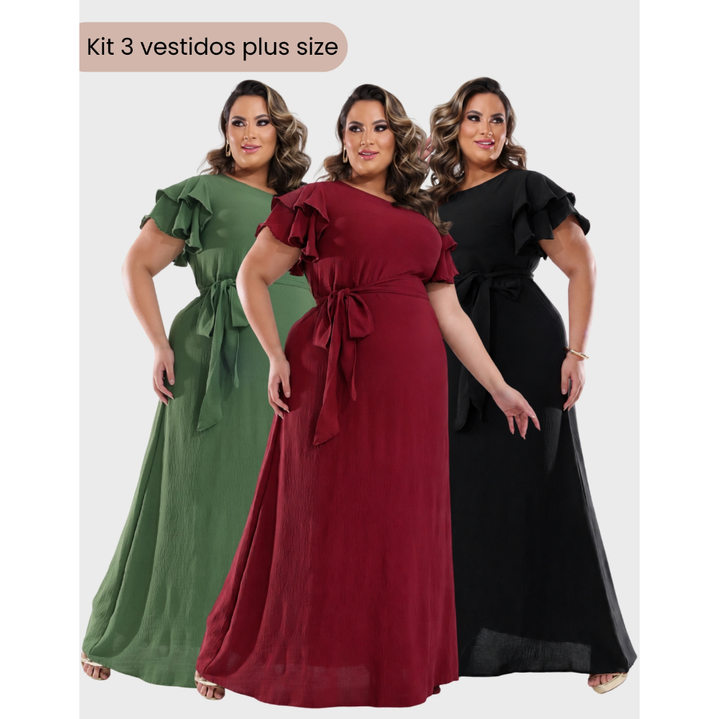Kit 3 Vestidos Longo Plus Size Feminino Festa Casamento Madrinha Manga Babado com Faixa Duna Moda Evangélica G1 ao G4