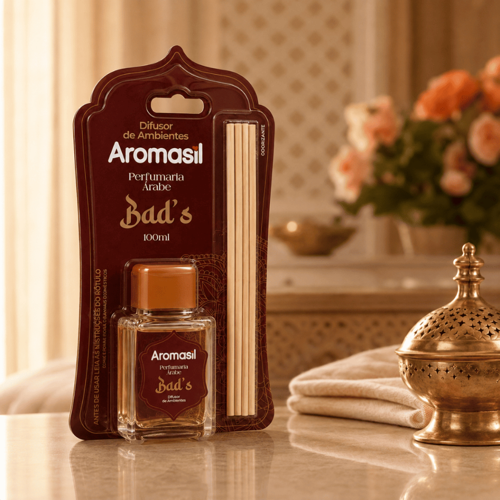Difusor Aromasil Bad's 100ml Aromatizador de Ambiente Perfumaria Árabe com Varetas