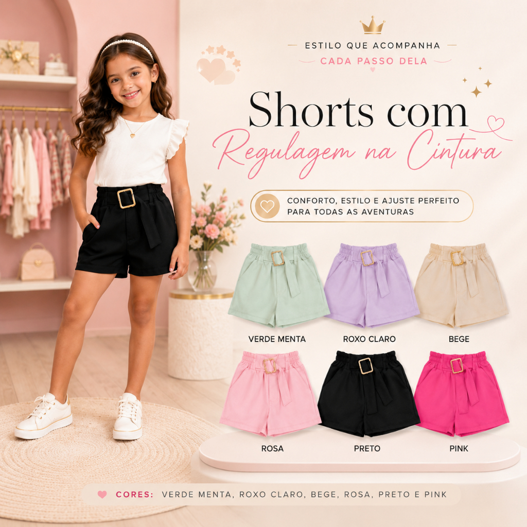 SHORTS COM REGULAGEM NA CINTURA PARA MENINAS