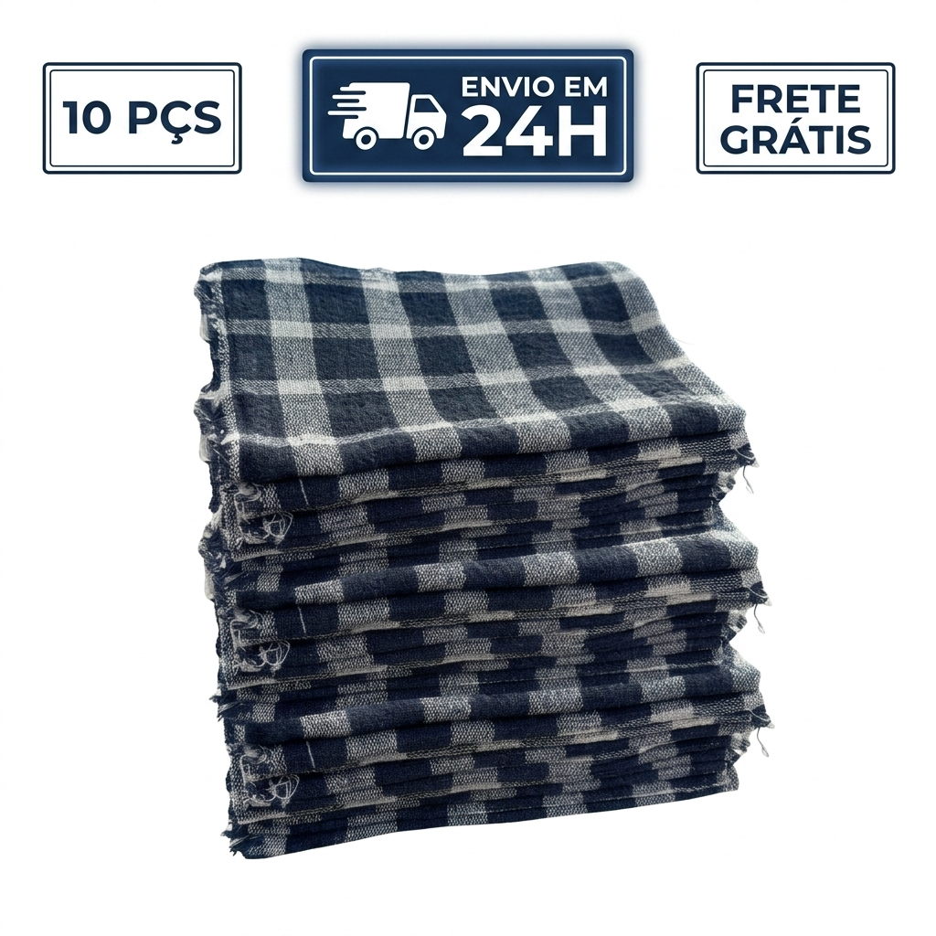 Kit 5, 10 ou 20 Panos De Chão Grande 42x62cm Saco Duplo 100% Algodão Xadrez Azul Alta Absorção Limpeza Pesada