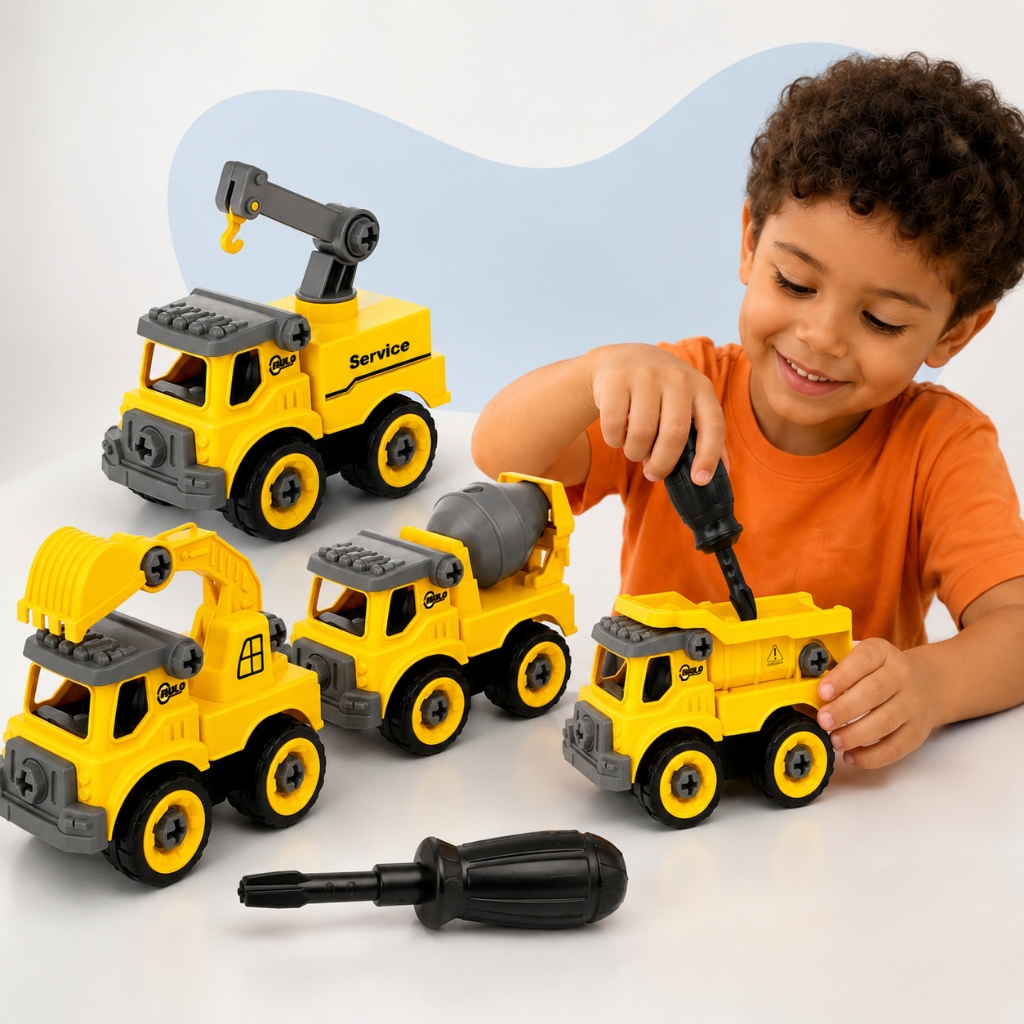 Kit 4 Carrinhos Trator Caminhão Escavadeira Monta Desmonta Ferramenta Caminhão Construtor Kizumba