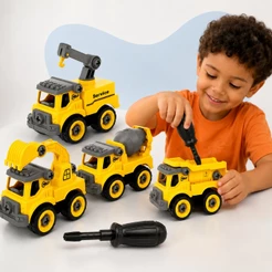 Kit 4 Carrinhos Trator Caminhão Escavadeira Monta Desmonta Ferramenta Caminhão Construtor Kizumba