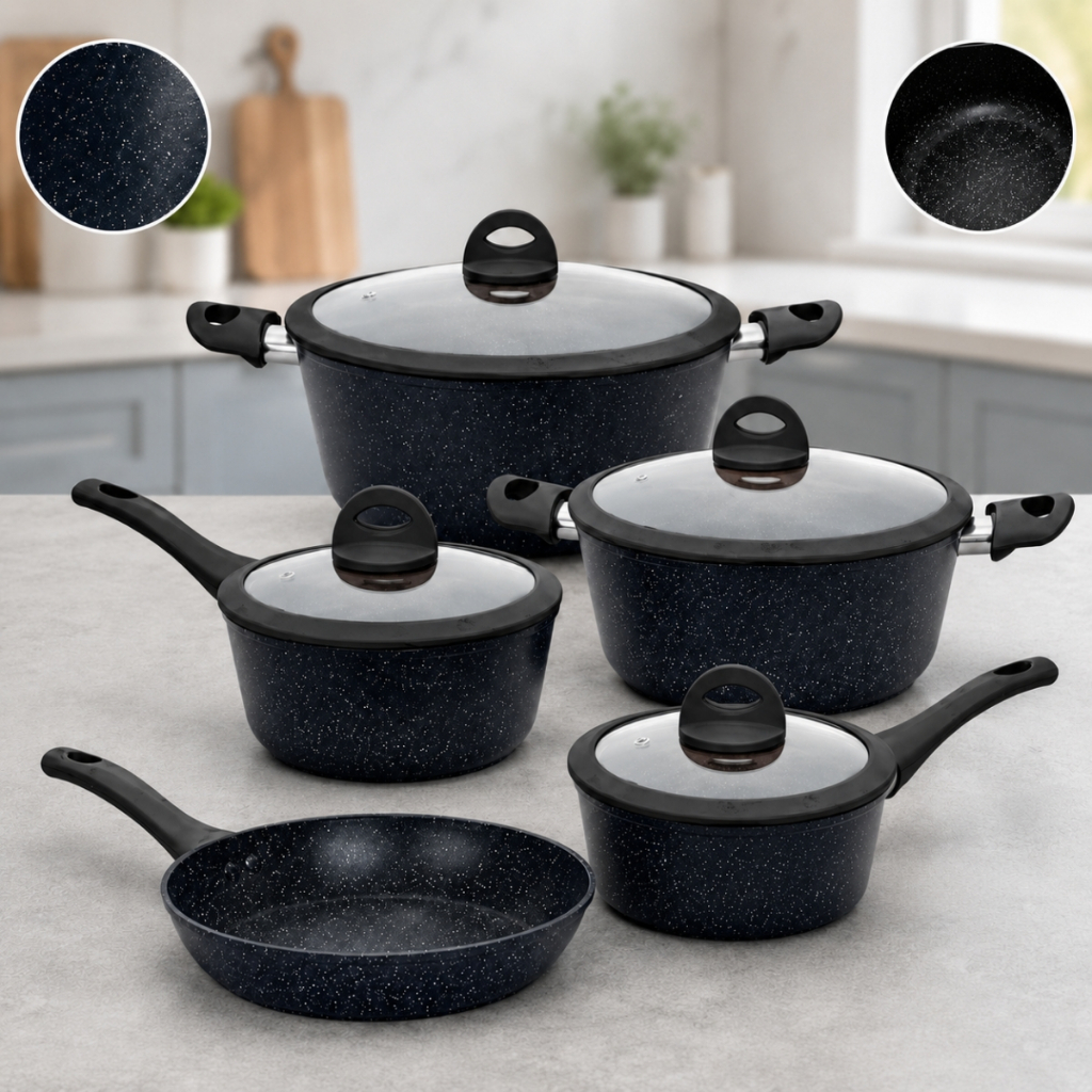 Jogo Panelas Ceramica Antiaderente 5 Pecas Inducao Gas Eletrico Tampa Vidro Temperado Preto Bege Chocolate Casambiente