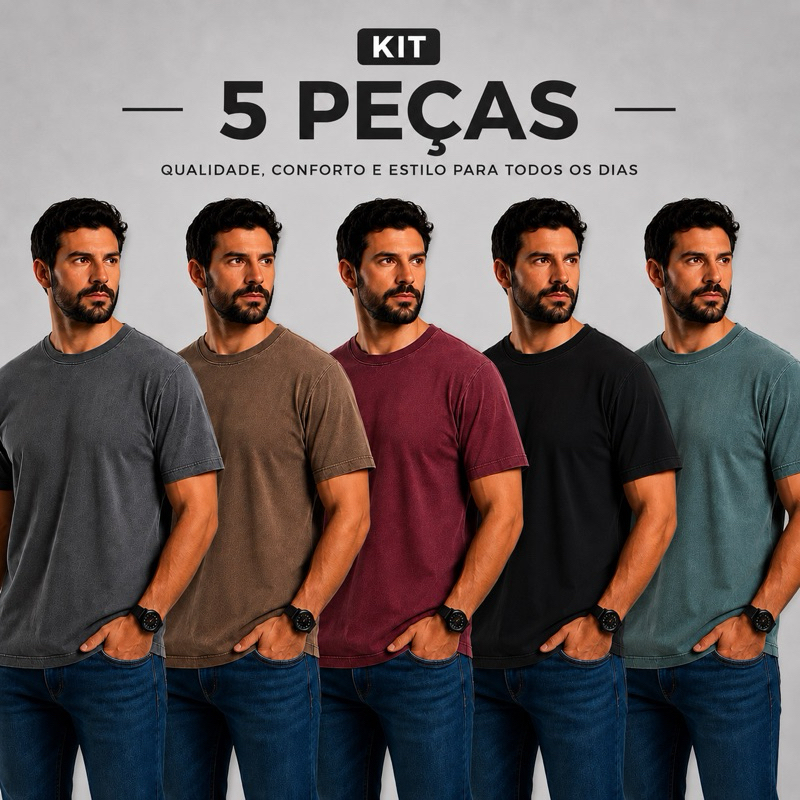 Kit 5 Camisetas Masculinas 100% Algodão Básicas Dia a Dia