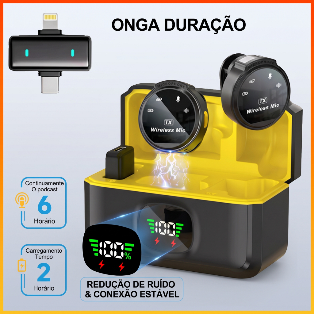 Microfone de Lapela Sem Fio Duplo Wireless com Display Digital Redução de Ruído para Celular Android iPhone