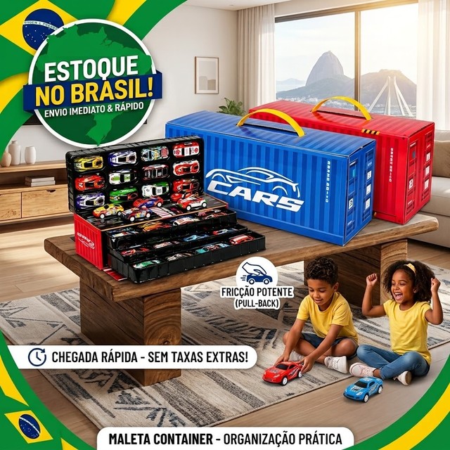Kit 48 Carrinhos De Fricção Com Pista De Corrida Brinquedo Infantil Maleta Container Carros Coloridos Meninos
