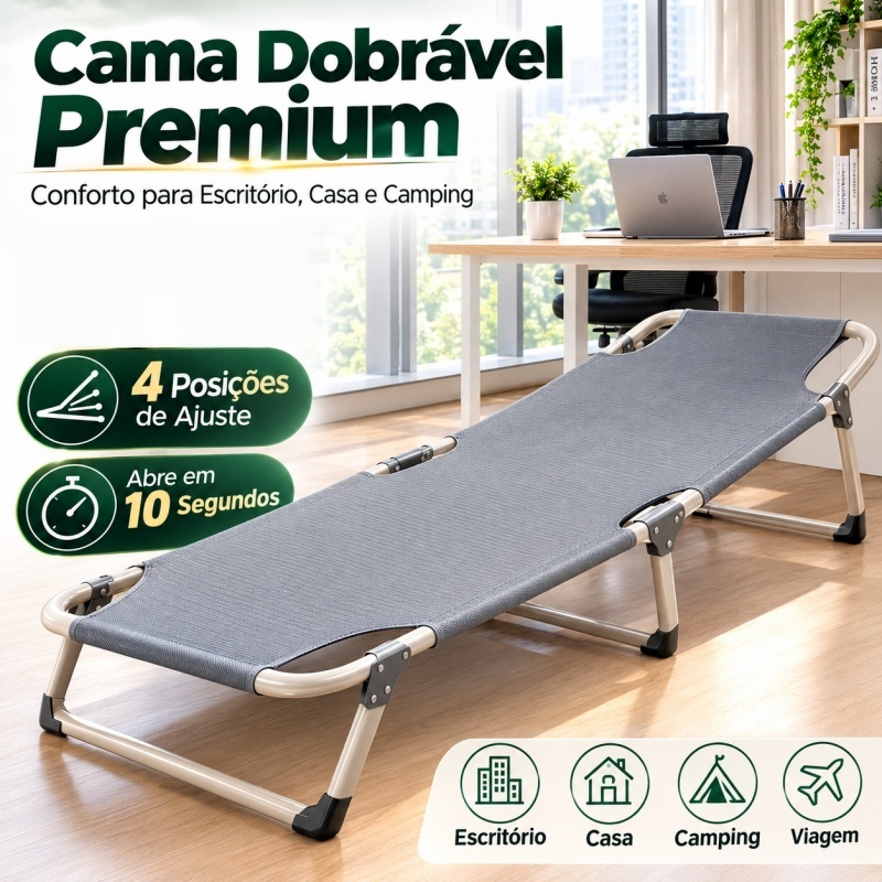 Cama Dobrável Portátil 4 Posições Ajustável, Abre em 10 Segundos, Para Escritório Descanso, Casa e Camping