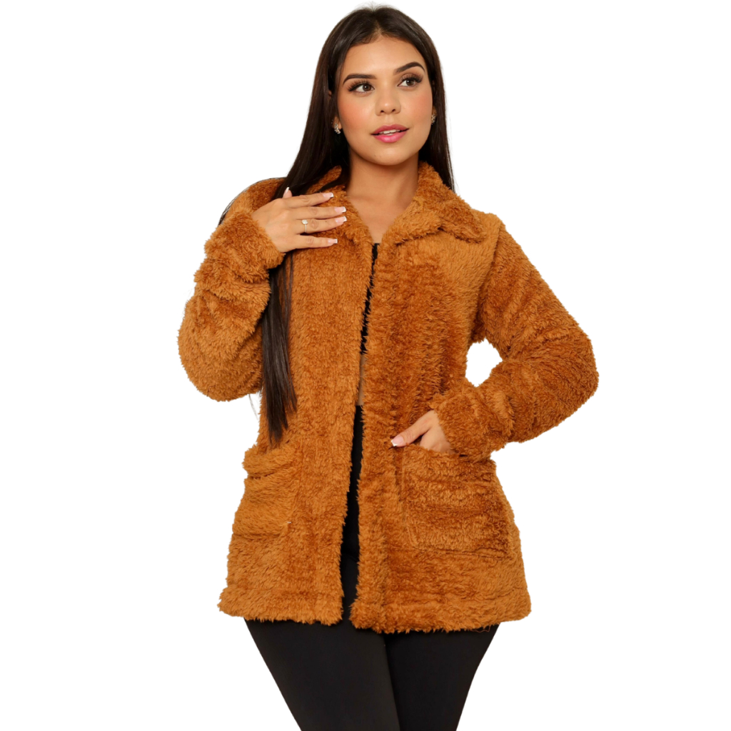 Casaco Feminino De Inverno Pelinho Teddy Max Sobretudo Longo Sem Capuz