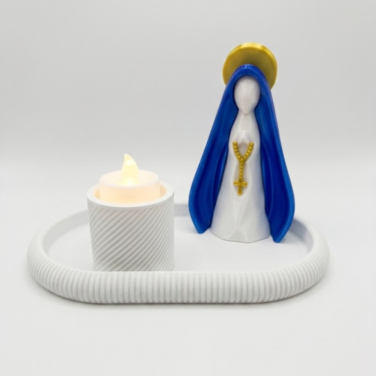 Kit Imagem Nossa Senhora Aparecida Minimalista Decorativa + Base Bandeja Porta Vela Presente Católico