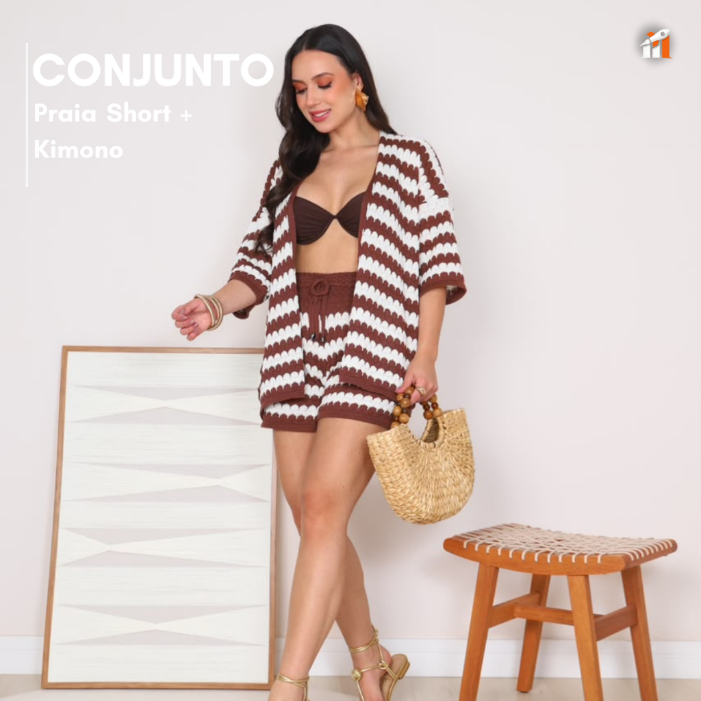 Conjunto Saída de Praia Feminino Short + Kimono Listrado Moda Verão Elegante - Diversas Cores