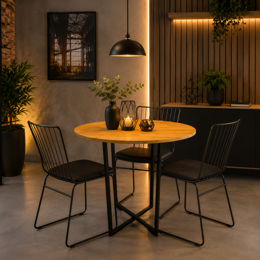 Mesa De Jantar REDONDA Para 4 lugares Cadeiras Estilo Industrial