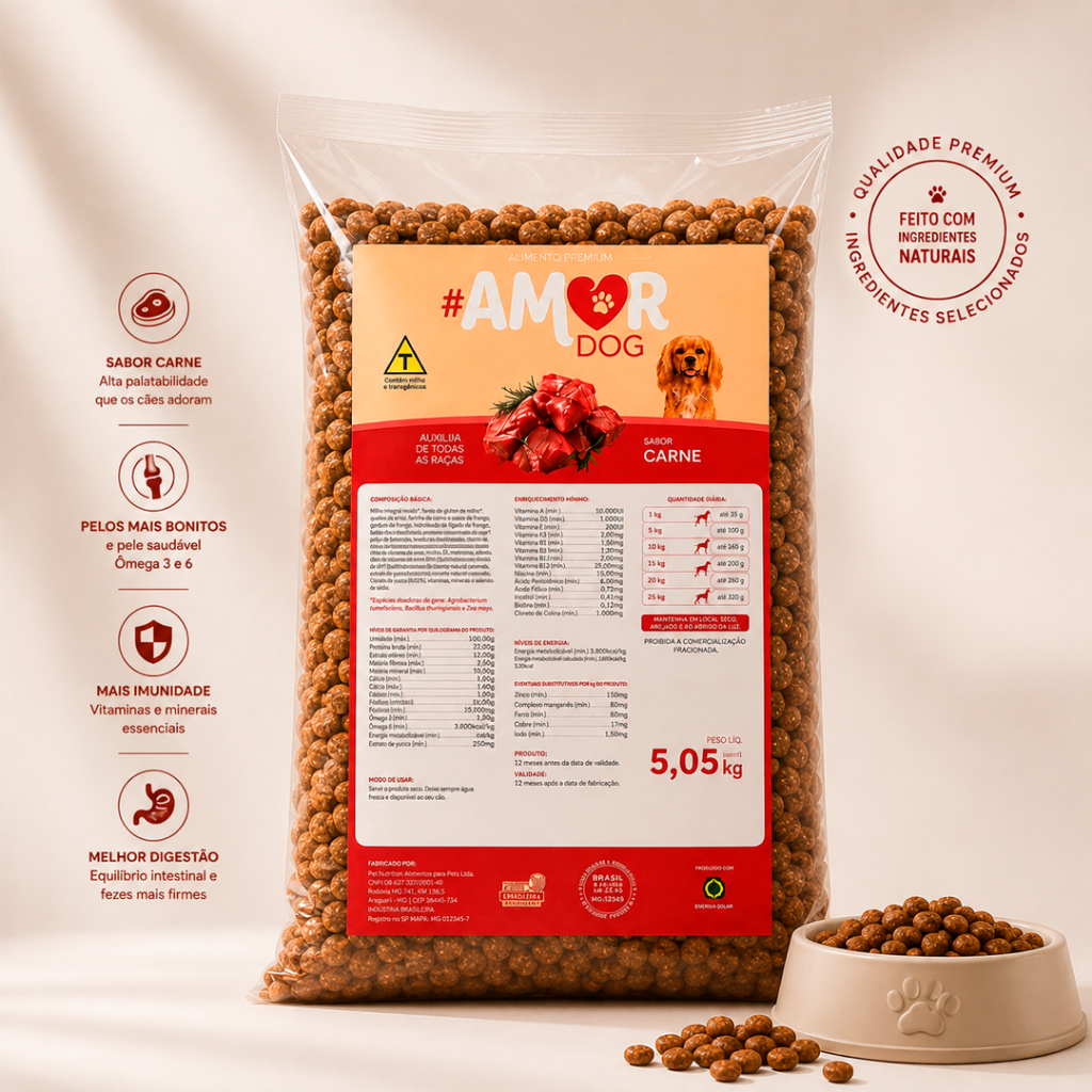 Ração Cachorro 5kg Adulto Completa Cães Todas as Raças Sabor Carne 18% Proteína Amor Dog  Premium