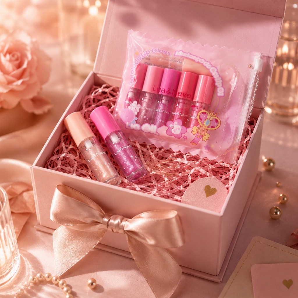 Kit 6 Lip Oils Hidratantes Gloss Labial Efeito Brilho Lua&Neve com Necessaire