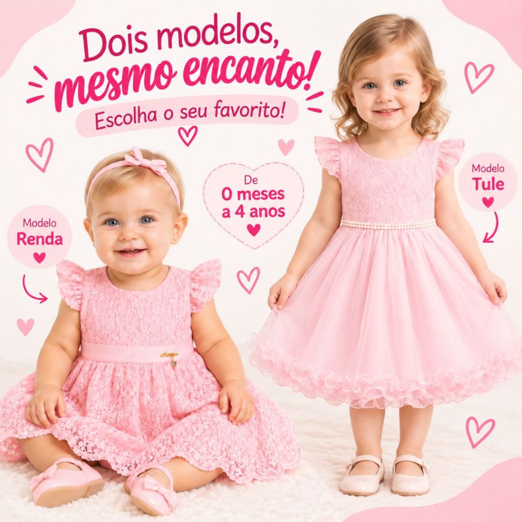 Vestido Bebê A 4 Anos Festa Tulle Com Renda Cinto Pérolas MesVersário Ensaio Fotográfico Rosa