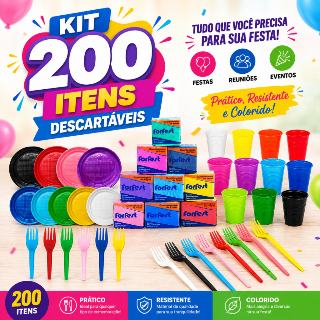 Kit Festa 200 Itens Descartaveis 50 Copo + 50 Garfinho + 50 Guardanapo + 50 Pratinho
