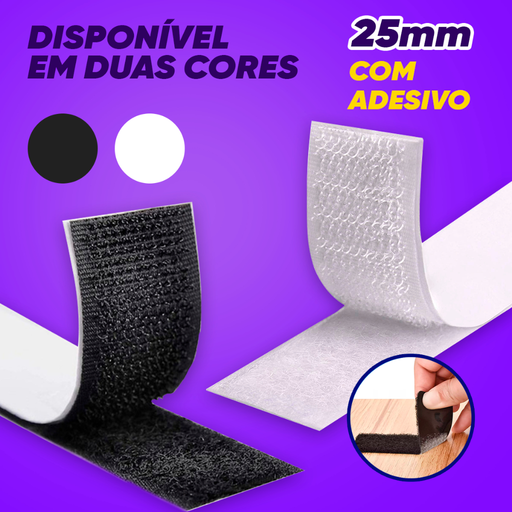 Fecho De Contato Rolo Com Adesivo 25mm Tela Mosqueteiro Branco ou Preto Macho E Femea