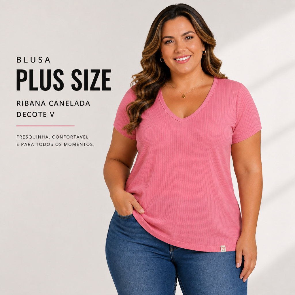 Blusa Feminina Plus Size Ribana Canelada Decote V Elastano Básica Fresquinha Confortável 25721-A