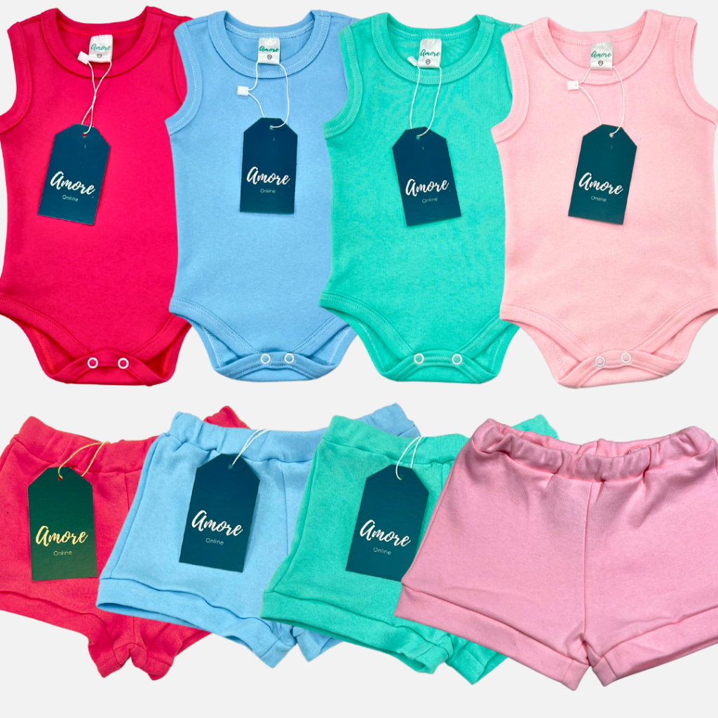 Conjunto Roupa Kit 6 Peças Bebê Body Regata e Shorts Menina Menino Infantil