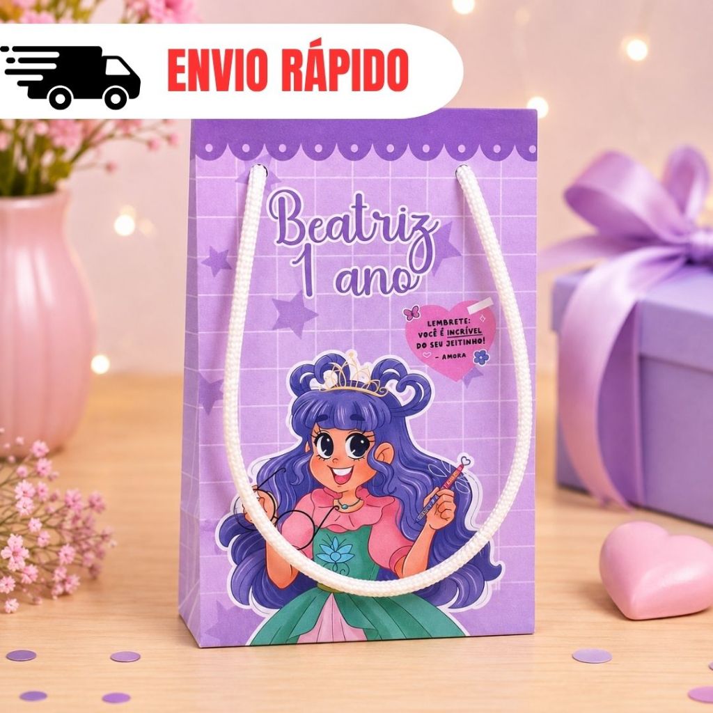 Kit 10 a 30 Sacolinhas Surpresa Personalizada O Diario da Princesa Desastrada Amora Lembrancinhas Infantil Aniversário
