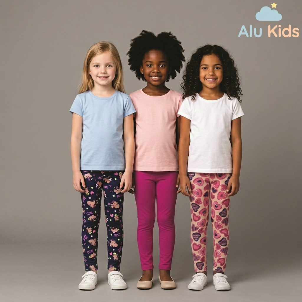 Kit 3 Calças Legging Estampada e Lisa Algodão Escolar Infantil e Juvenil Feminina Menina