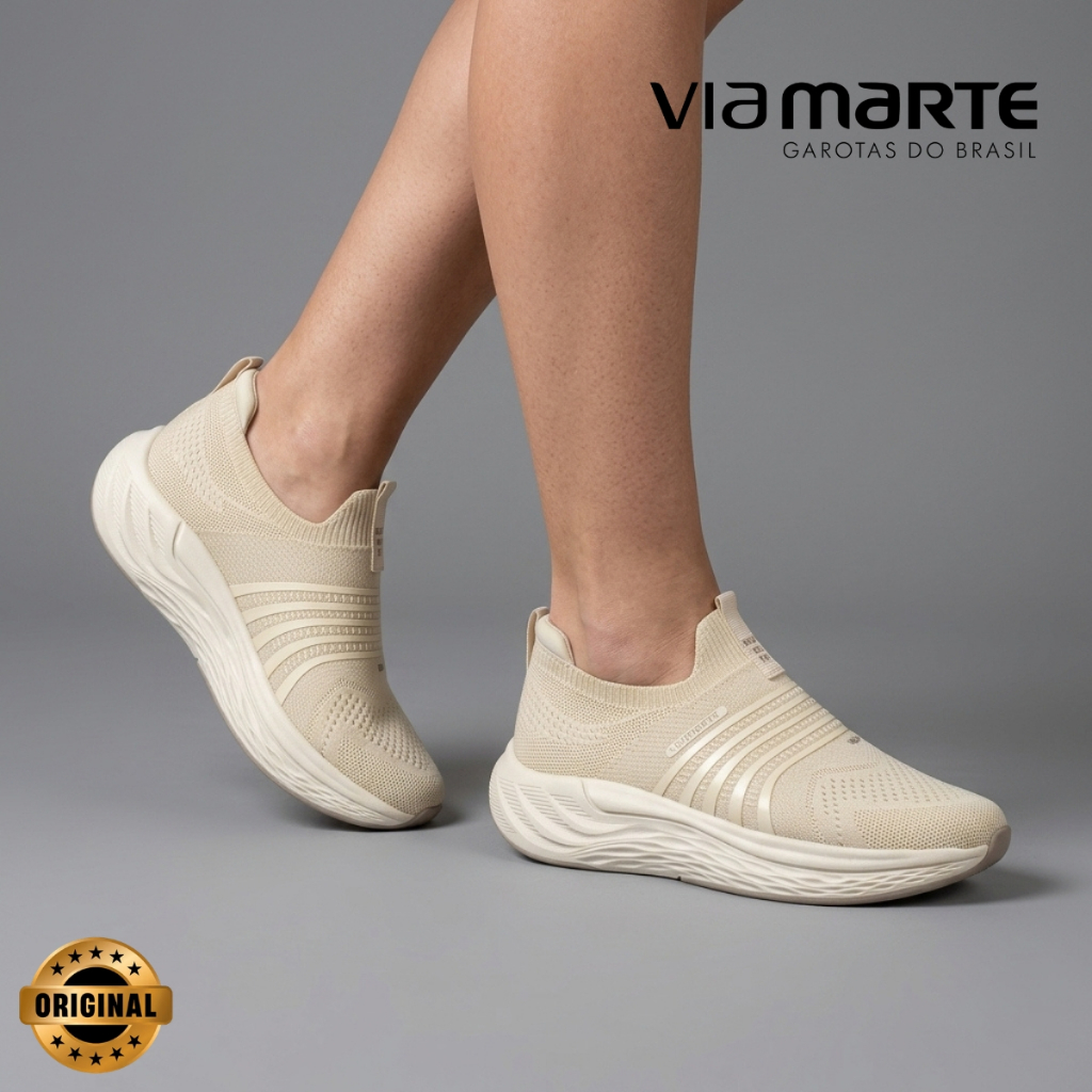 Tênis Via Marte Feminino Knit Casual Confortável Leve Slip On Branco Dia a Dia Original